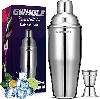 GWHOLE Kit Shaker à Cocktail en INOX 750ml avec Filtre Interne, Doseur à Double Mesure (1/2 et 1 oz)