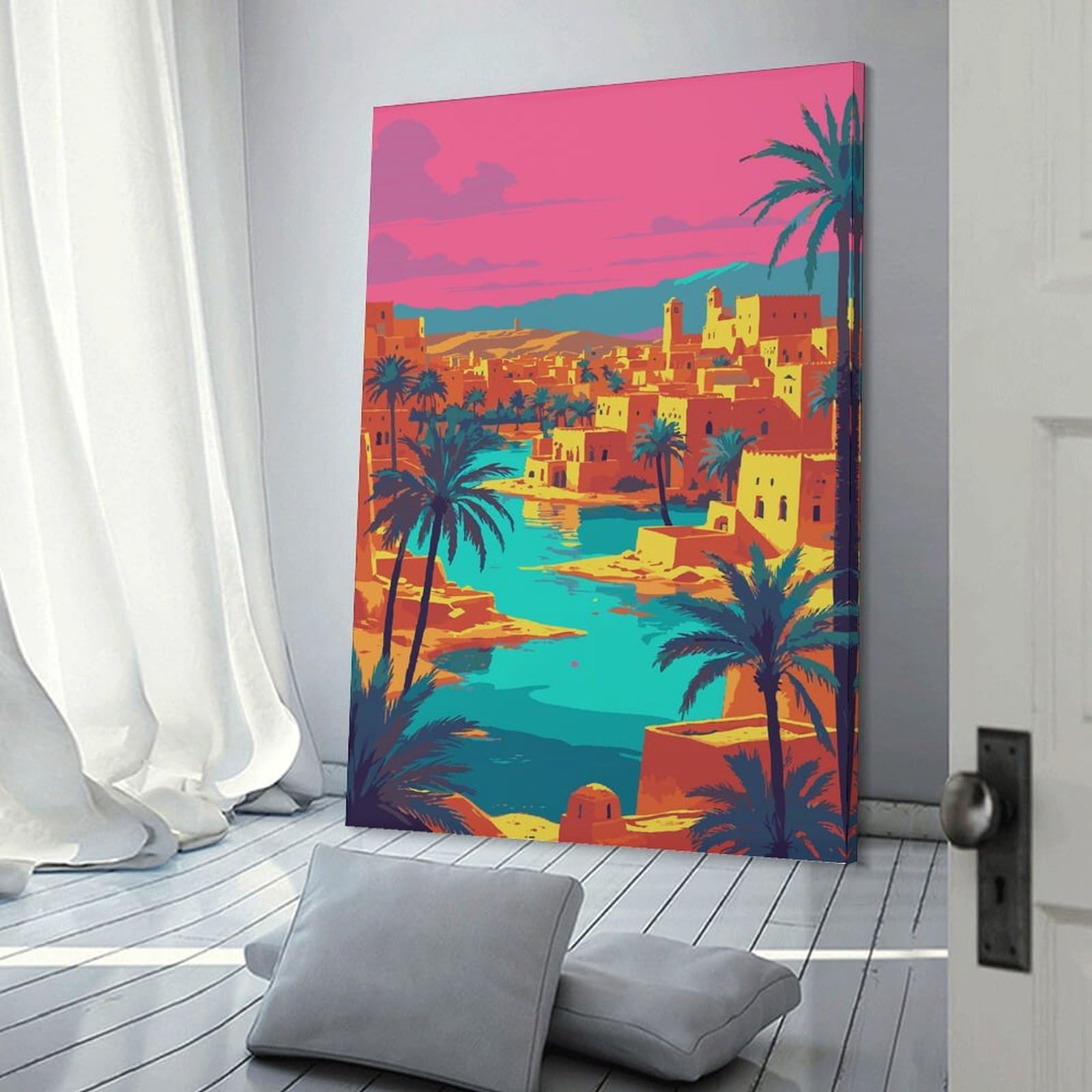 Junmoney Vibrant Desert Oasis Cityscape Illustration Canvas Wall Decor 20x30inch(50x75cm), for Calm Bedrooms, Home Corners Or Flats, An Easy Wall Refresh for Bedrooms