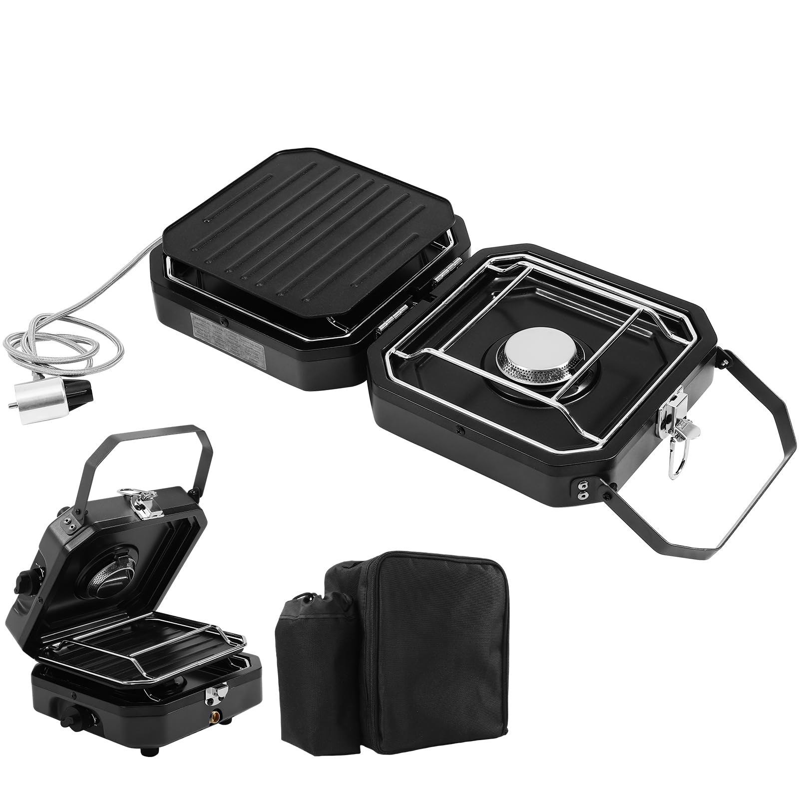 2 Burner Camping Stove with Carrying Bag, 17000 BTU Portable Propane Stove for Camping, Foldable camping stove with two side shelves and adjustable