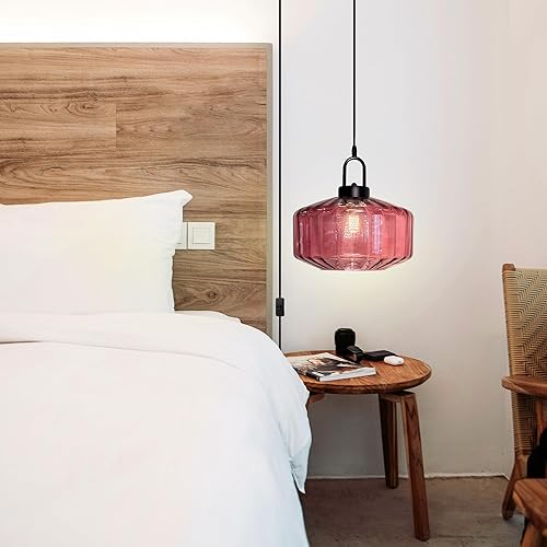 Miniatura 7 de Lámpara colgante de cristal con enchufe de mediados de siglo, moderna lámpara colgante de pantalla de vidrio a rayas moradas con cable de enchufe de