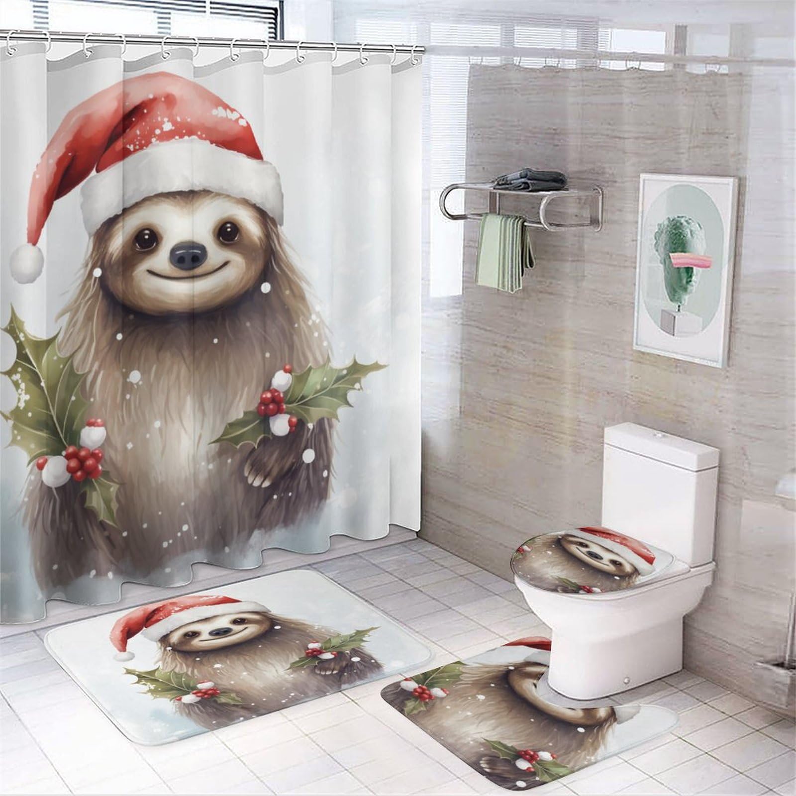 HighonHi Cute Cartoon Sloth Wear Santa Hat in Snowing Winter 4 Piece Shower Curtain Sets Rug Toilet Lid Cover and Non-Slip U Shape Mat Christmas Sloth Waterproof Shower Curtain for Bathroom Decor Set