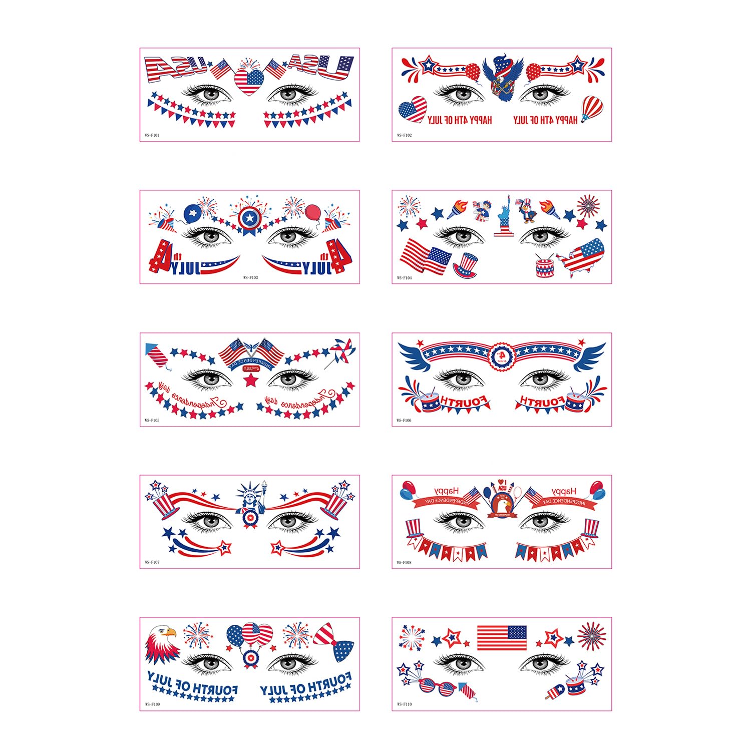 10 Sheets Independence Day Temporary Tattoos Stickers 4th of July Face Stickers Red White Blue USA Flag Star Firework Patriotic Eye Face Temporary