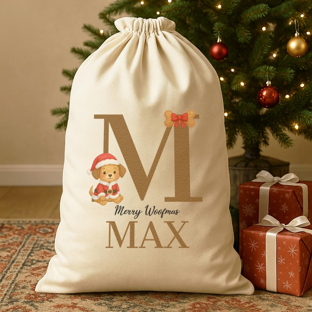 The Gift Project Biege Personalised Christmas Santa Paws Sitting Initial And Name - Christmas Dog Santa Sack