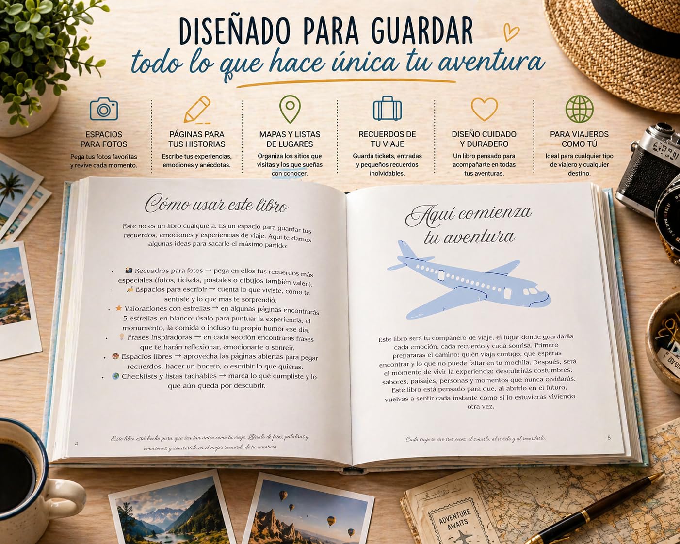 Álbum de Fotos de Viaje para Pegar y Escribir – Diario de Viaje y Scrapbook de Recuerdos | Travel Journal para Fotos y Experiencias | Libro Aventuras por el Mundo Regalo para Viajeros