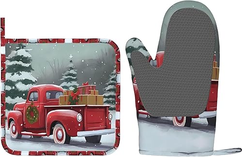 Miniatura 2 de Manoplas para horno, juego de soportes para ollas de Navidad, camión rojo, muñeco de nieve, guantes de horno de silicona, copo de nieve, árbol de