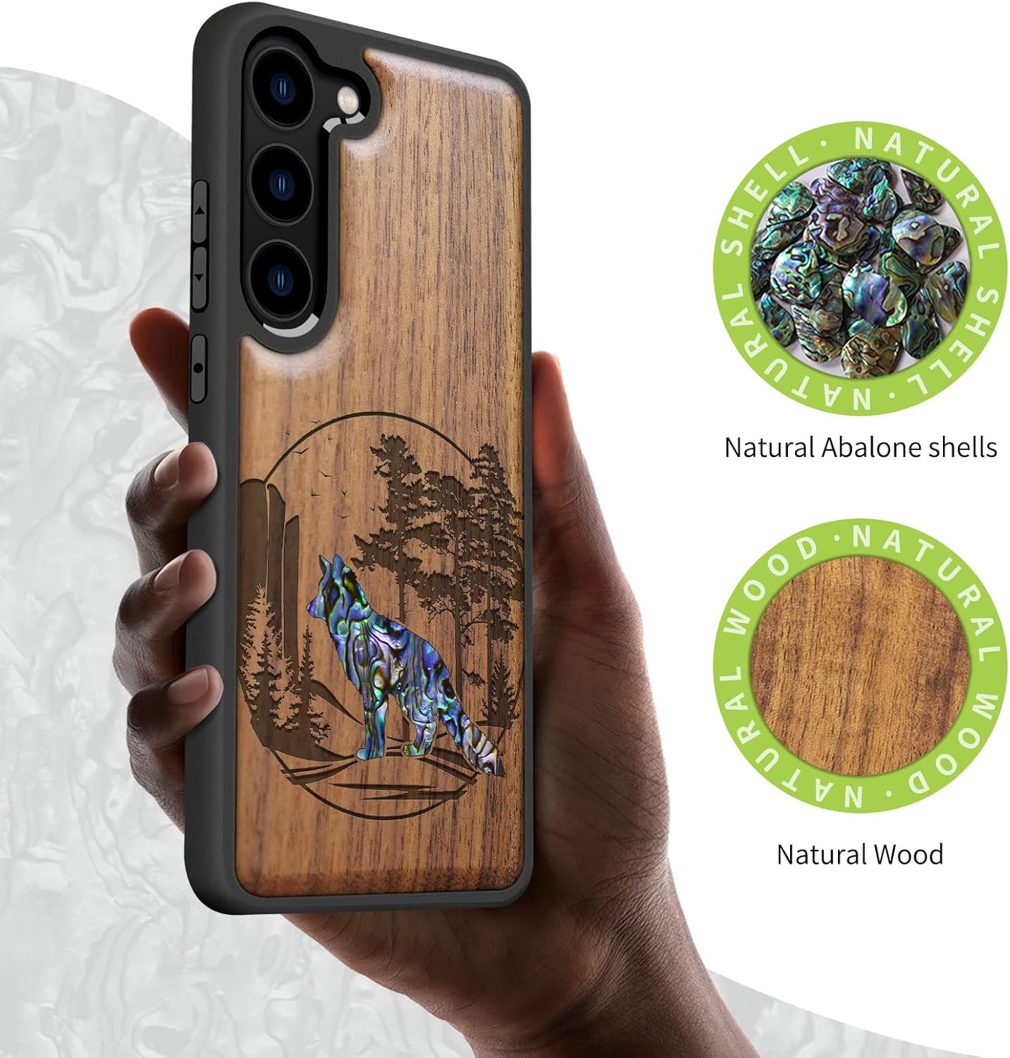 Carveit Designer Wooden Case for Samsung Galaxy S23 Plus Cover [Wood Engraving & Shell Inlay] Compatible with Wireless Chargers Galaxy S23 Plus Case (Fox and Woods-Walnut)