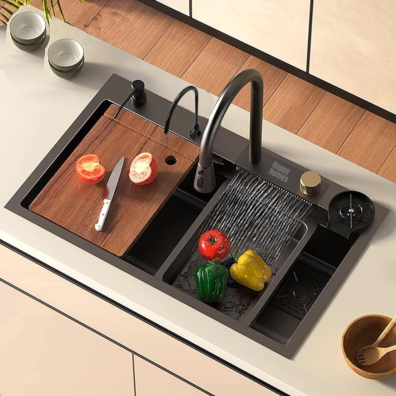 HAPPY HOMES 30x18x9 Inch 304 Stainless Steel BLACK Kitchen Sink with Integrated Waterfall and Pull-down Faucet Set, Nano Coating, Waste Coupling - HEAVY