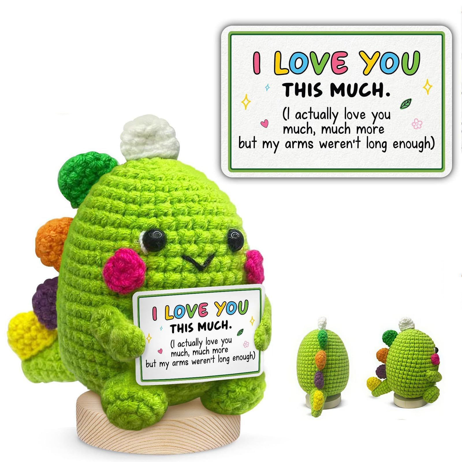 QhgPnt Dinosaur Gift, Emotional Support Crochet Animal with Inspirational Message, Handmade Positive Gift for Adults, Unique Desk Decoration for Office and Home, Special Occasion Present with Base