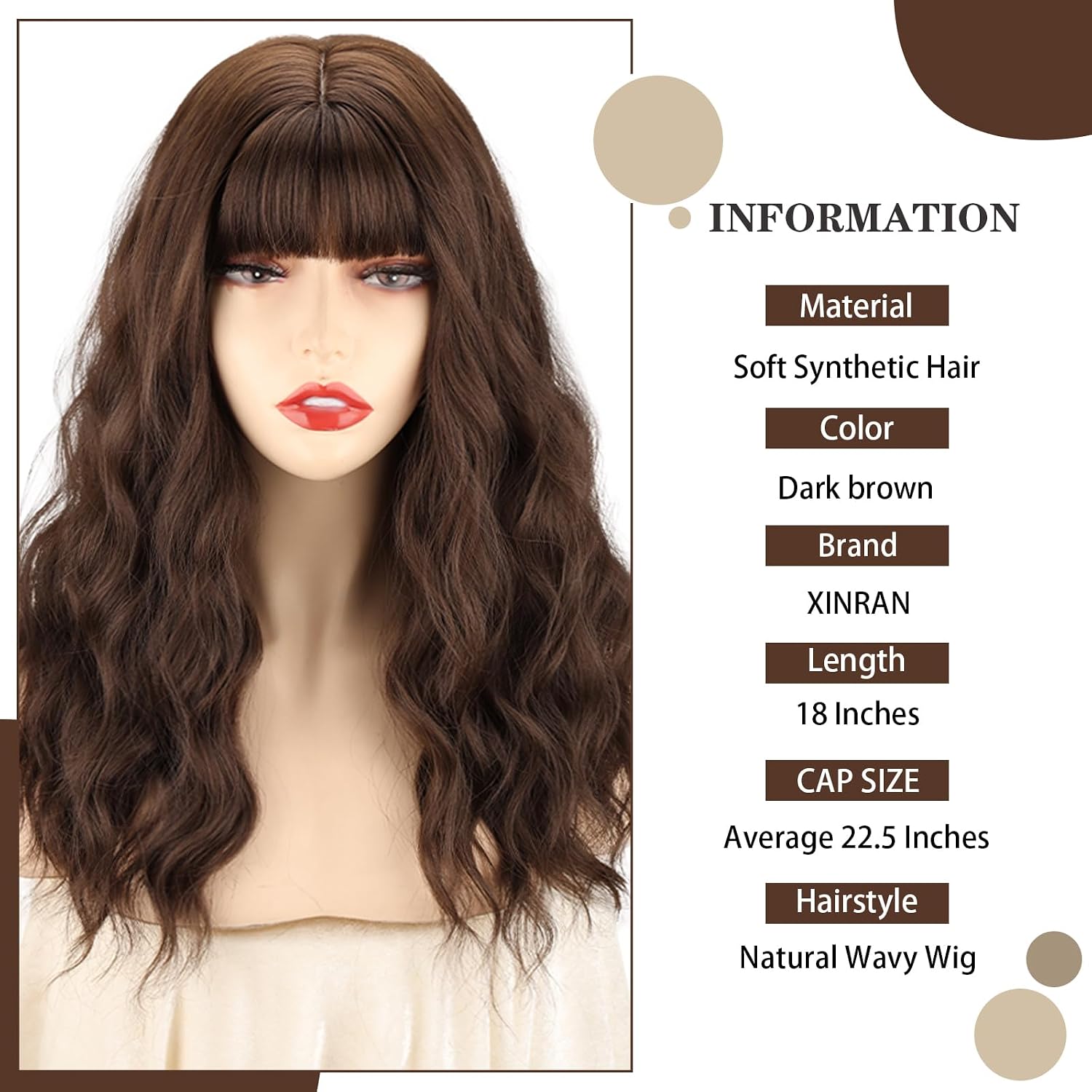 Xinran Dark Brown Wavy Wig with Bangs Medium Length Chocolate Brown Wigs for Women 18 Inch Synthetic Heat Resistant Long Hair for Daily Party Cosplay Costume Halloween Use