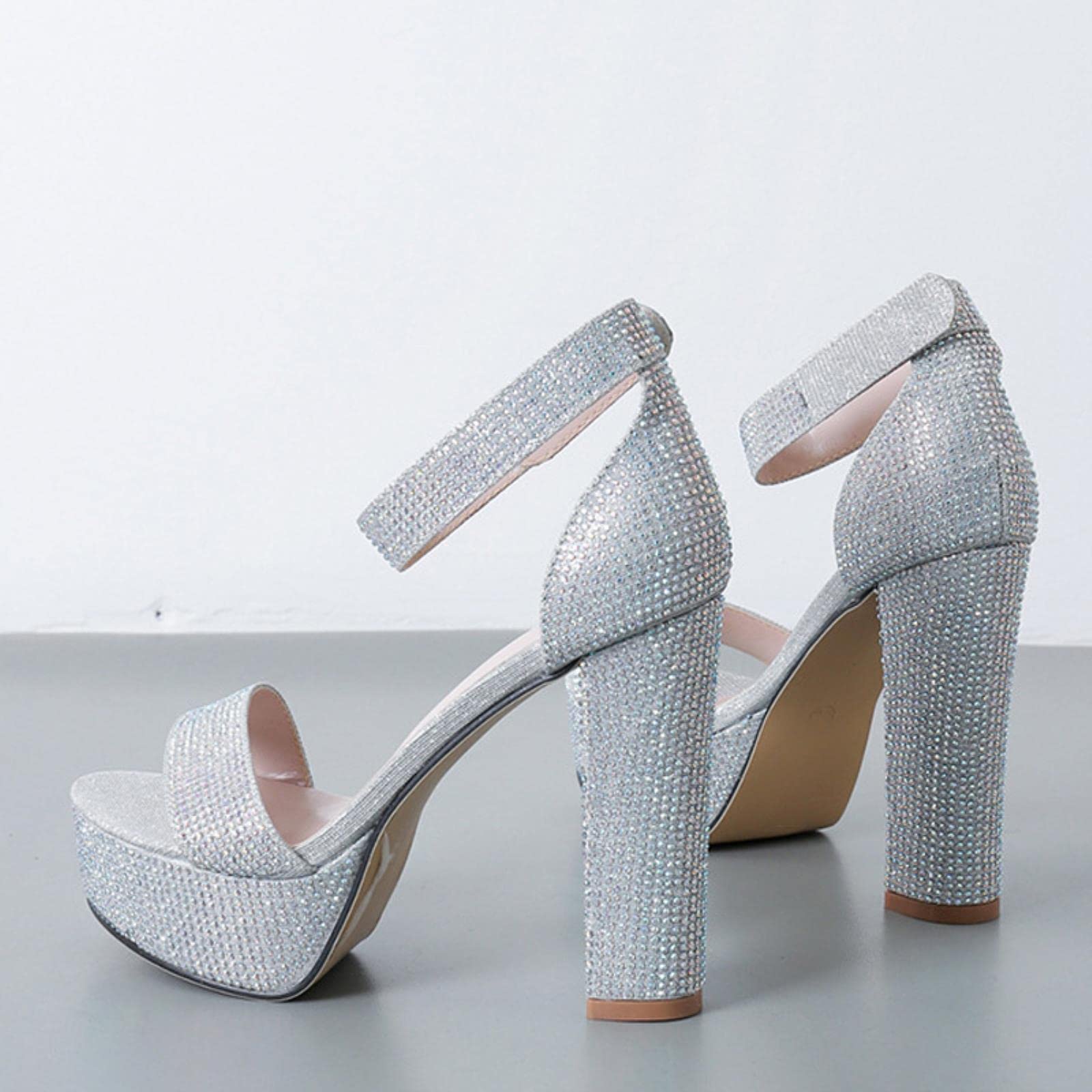 DSAI Sandali con plateau in argento con strass, punta aperta e cinturino alla caviglia, con tacco quadrato, scarpe da sposa da donna, colore argento, 35