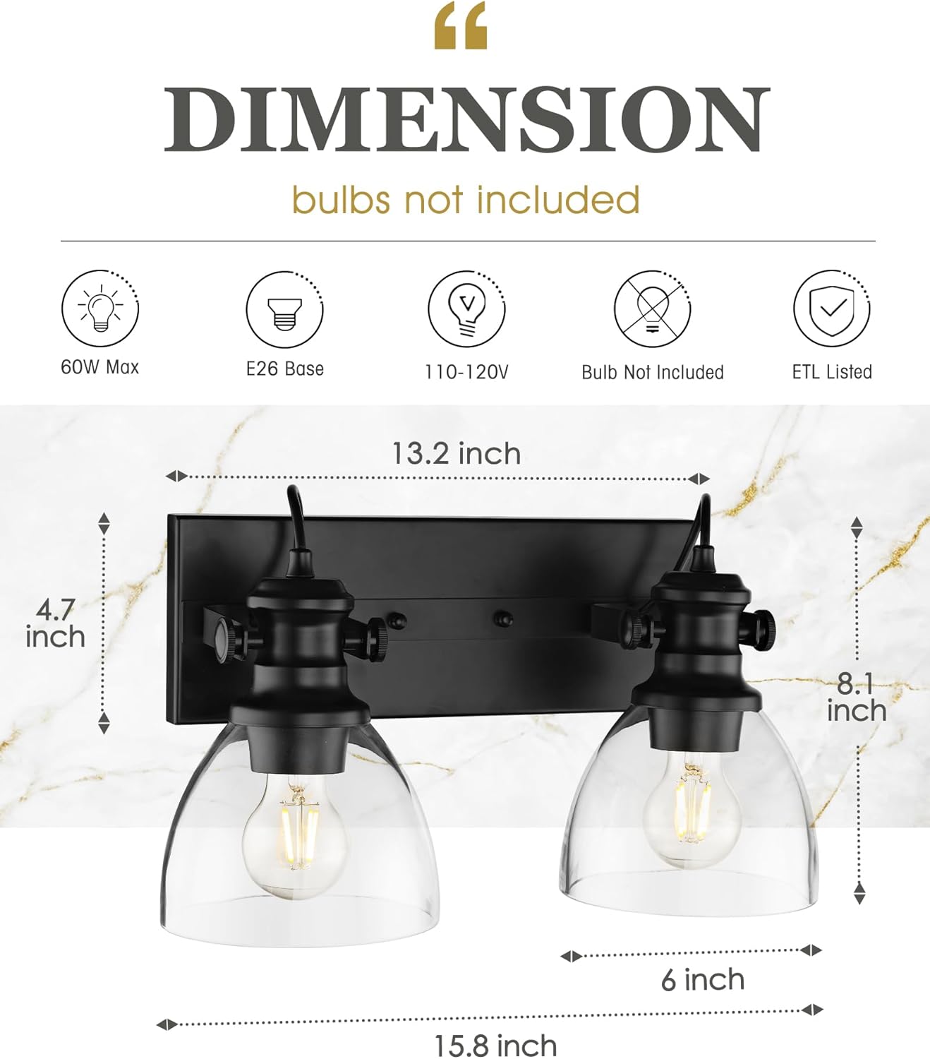 2-Light Bathroom Light Fixtures, 16" Black Vanity Light with Clear Glass Shades, Vintage Retro Vanity Lighting Fixtures Over Mirror, AD-22151-2W-BK
