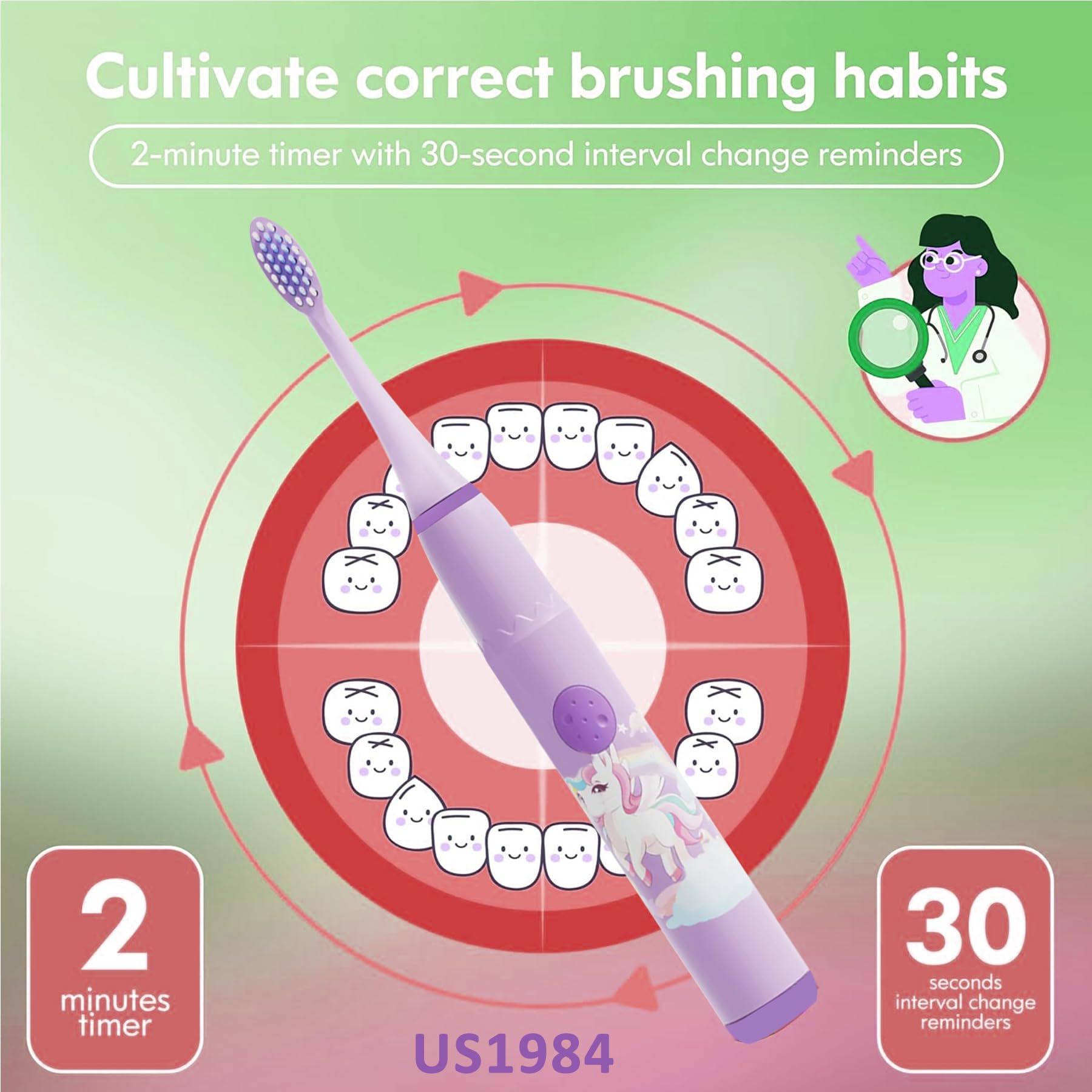 US1984 Sonic Electric Toothbrush for Kids with 4 Modes, 3 Brush Heads & Rechargeable Battery, Ultra Soft Nylon Bristles, IPX7 Waterproof, Electric Power Tooth brush (Purple) 1