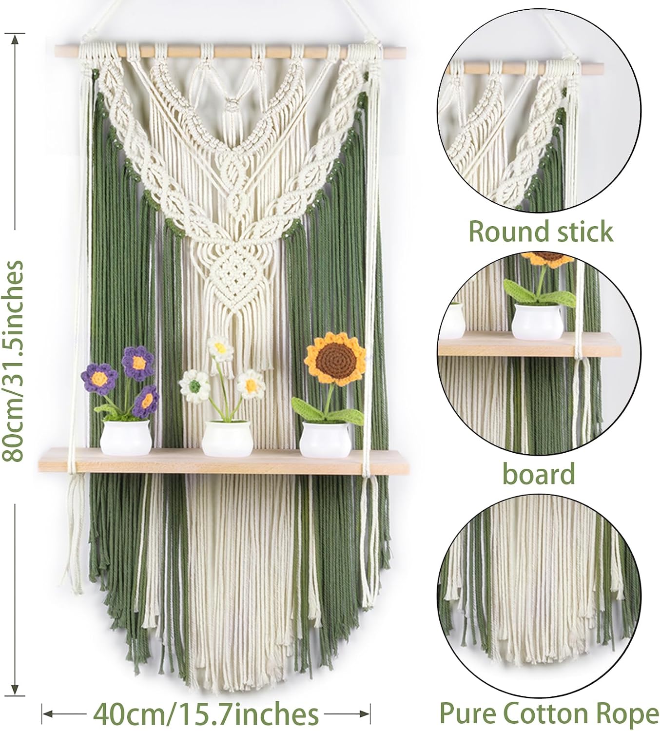 LB Green Macrame Wall Hanging Shelf Plant Holder Wall Decor 16x32 inch | Boho Hand Woven Macrame Wall Hanging,Green Cotton Macrame Wall Decor,Wood Floating Wall Shelf Decor for Bedroom Living Room