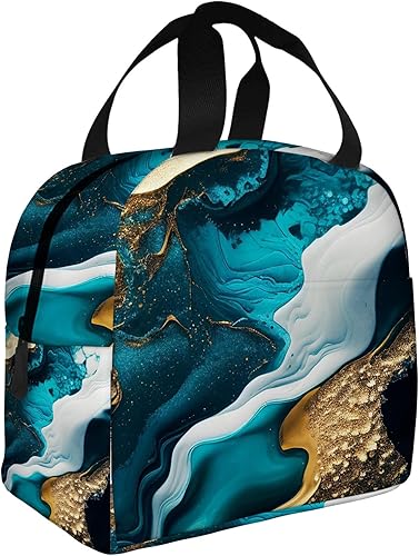 Miniatura 9 de OOZ Lonchera aislada para mujeres y hombres, para el trabajo, con diseño de mármol azul y dorado, reutilizable, a prueba de fugas, para adultos,