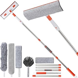 BestMal 90" Window Squeegee Cleaner, 5 in 1 Rotatable Window Cleaning Squeegee Tool with Extendable Long Handle, Window Washing Kit for Outdoor and Home, Window Scraper with Duster and Dust Brush