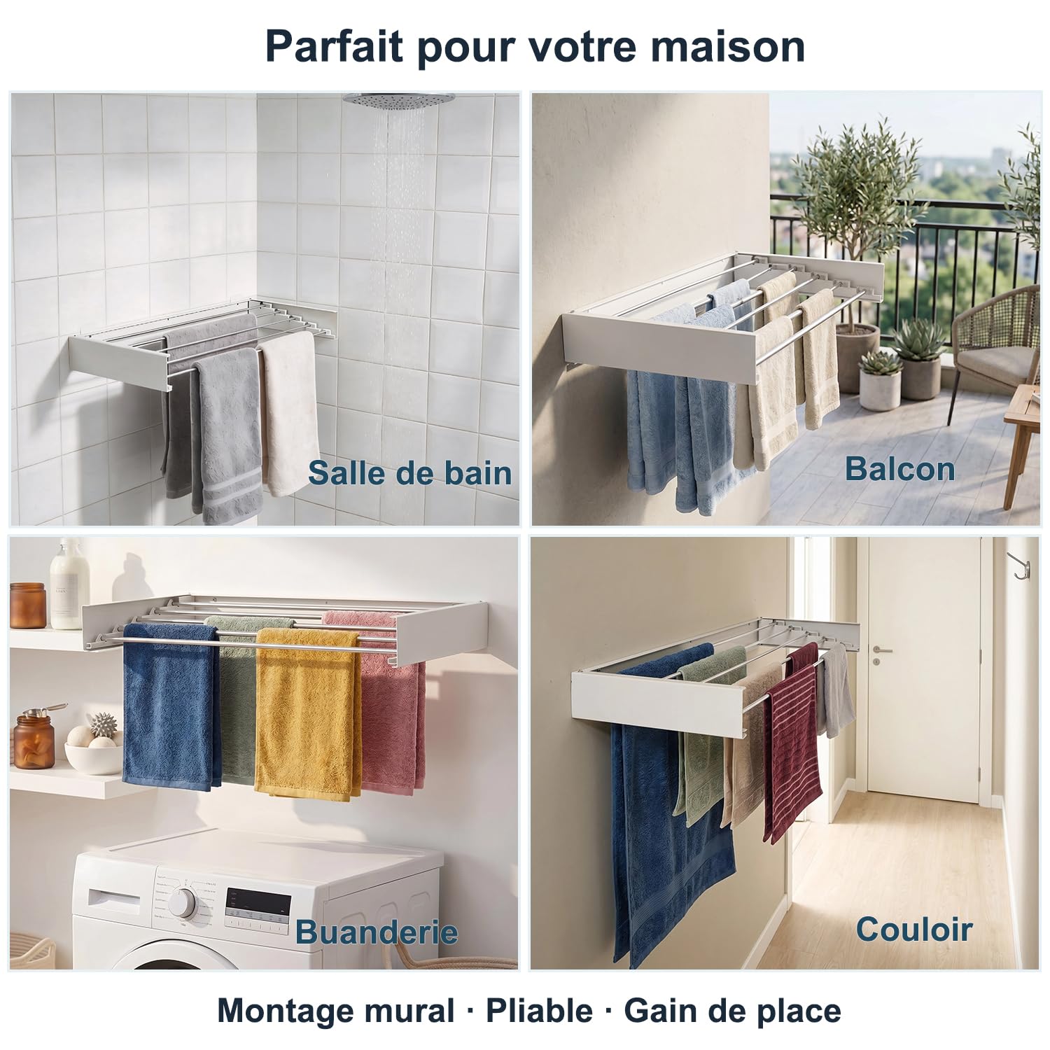 FUSHITON Séchoir Mural Pliable 5 Barres, Porte-Serviettes Pliable en Aluminium + Acier Carbone Revêtu par Poudre, Gain de Place pour Salle de Bain & Balcon, Charge Max 10 kg, Blanc