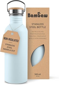 Bambaw 500 ml Stainless Steel Water Bottle, Blue Water Bottle, Non-Insulated, 50 cl Childrens Stainless Steel Bottle Nordic Blue