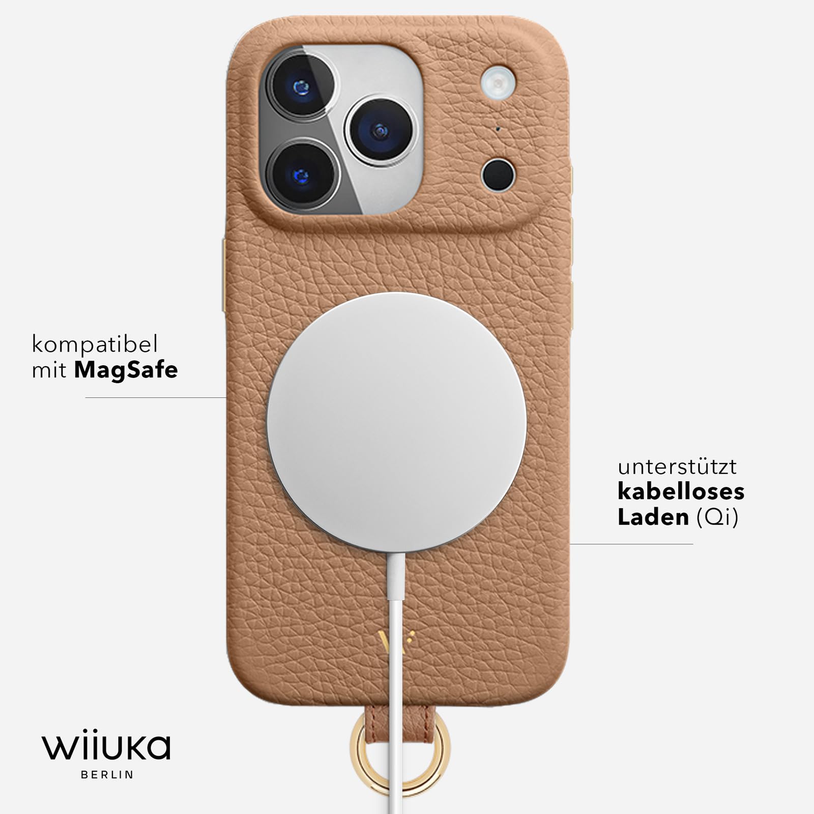 WIIUKA Funda para iPhone 17 Pro Max, piel de Alemania, funda de piel para teléfono móvil, funda para teléfono móvil, funda para teléfono móvil, funda de cadena, correa de cuello, lazo de esquí, marrón