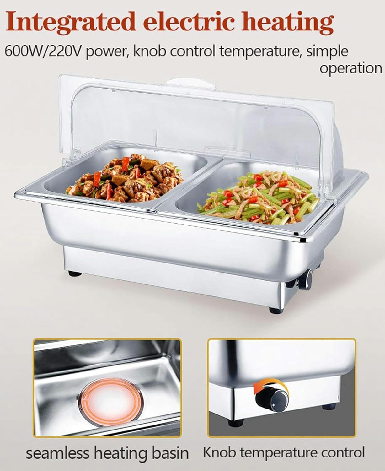 9L Hot Pot, Stainless Steel Buffet Server and Warmer Hot Pot with PC Lid, Electric Catering Food Warmer for Buffets, Banquets, Ideal for Keeping Food Warm, 400W (A) (C)