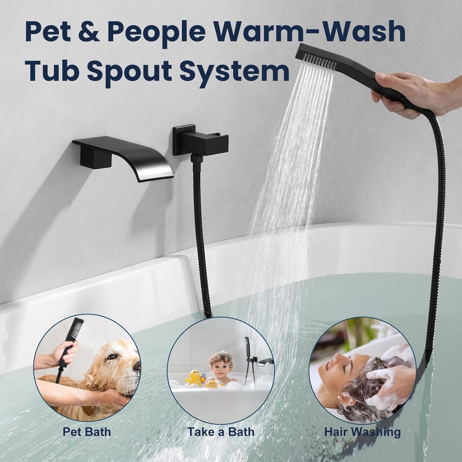 Wall Mount Waterfall Tub Faucet with Hand Shower,Roman Bathtub Tub Filler shower faucet set with Run all/alone Control Push-Button Diverter Solid Brass Pressure Balance Valve,Matte Black