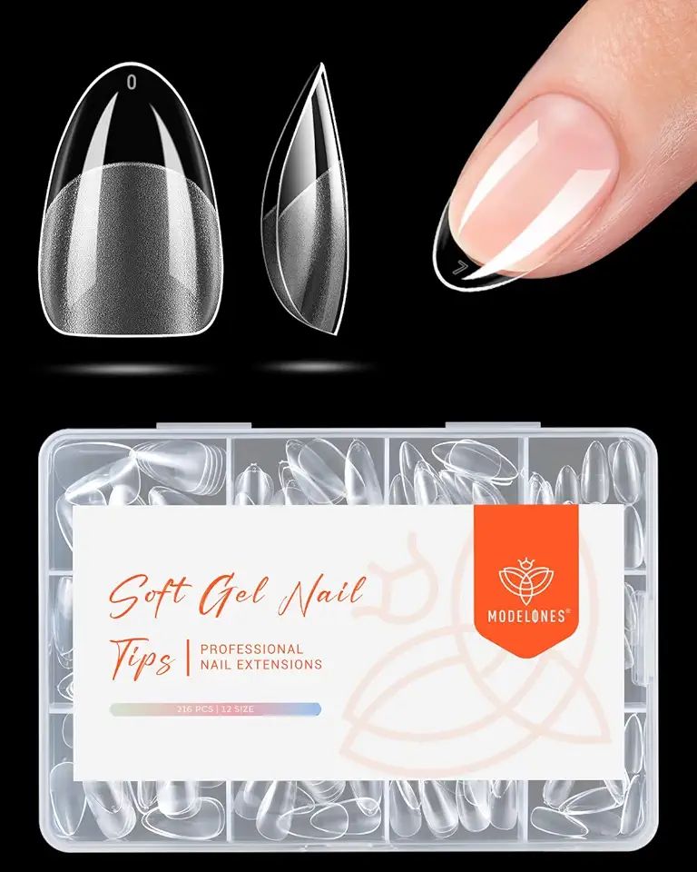 Modelones Pontas de Unhas Extra Curtas Amêndoa, Pontas Pré-moldadas x Unhas Postiças em Gel Macias, Acrílico Transparente, Cobertura Total, Kit de Extensão Pressionada x Manicure em Gel Faça Você Mesmo em Casa 216 Peças 12 Tamanhos