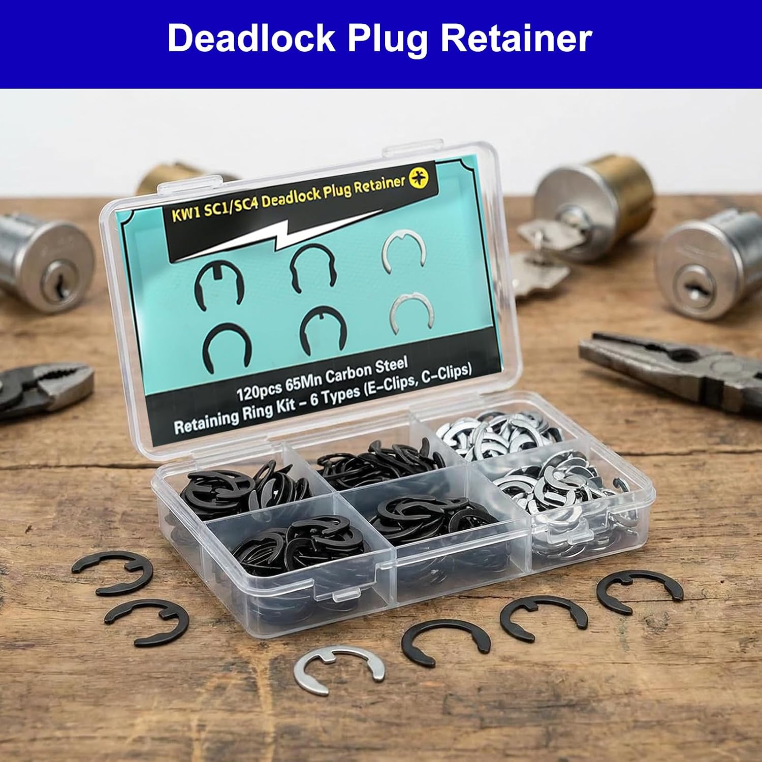 120PCS KW1 SC1 SC4 Retainer Clips for Kw-ikset Sc-hlage, 65Mn Carbon Steel E/C-Clips, Door Lock Parts & Cylinder Retaining Ring Rekey Kit