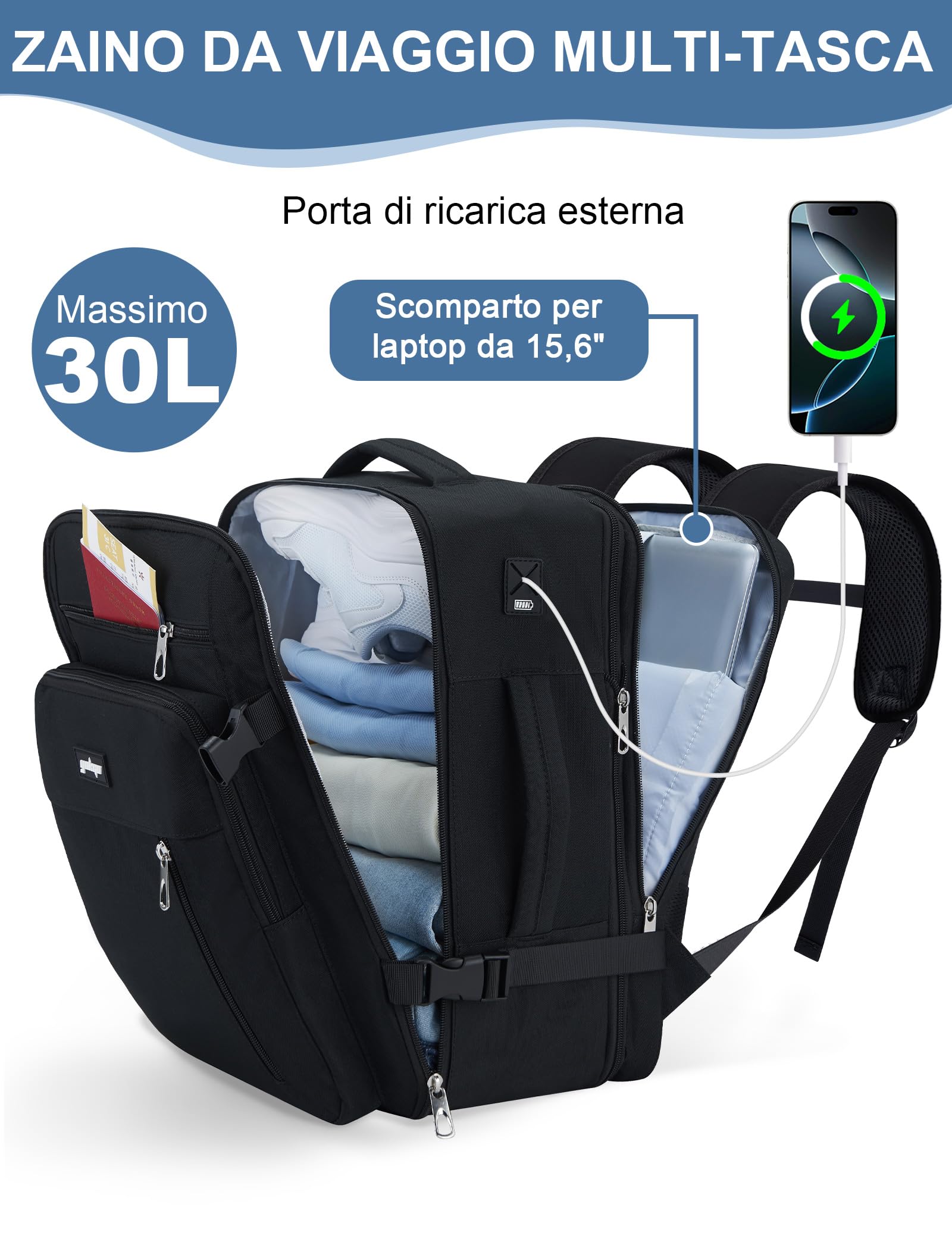 Zaino Ryanair 40x30x20 Bagaglio a Mano per Wizzair/Vueling (24-30L Espandibile) Zaini da Viaggio Cabina,Borsa Aereo Porta PC Laptop 15.6" Per Donna,Uomo,Trekking e Lavoro.Travel Backpack Nero