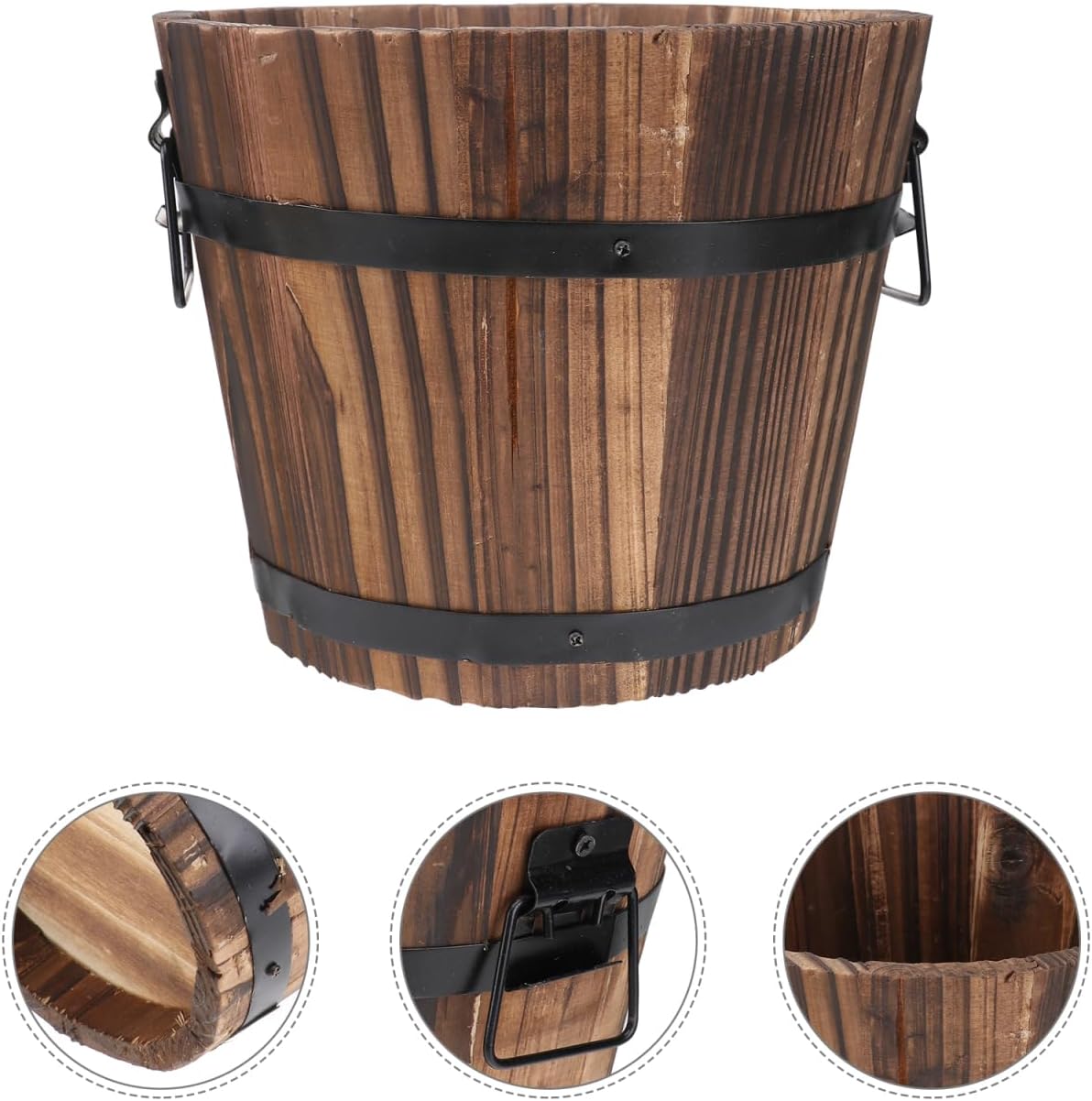 DOITOOL Rustic Wooden Barrel Planter: Wood Whiskey Barrel Bucket Flower Pots Indoor Outdoor Plants Boxes Container for Home Garden Patio Backyard - 7.08 x 5.9 x 5.1 inches