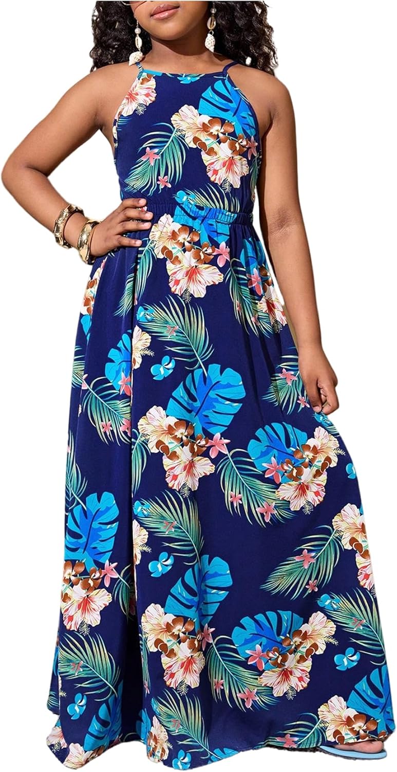 RoseSeek Girl's Floral Print Halter Maxi Dress Criss Cross Backless A Line Sundresses