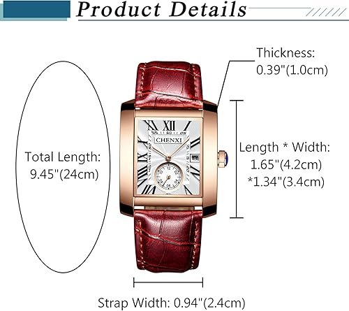 Miniatura 5 de Reloj cuadrado de cuero sin mangas hombres negro rectangular cara impermeable vintage 1950s relojes analógicos clásico número romano calendario