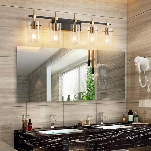 Miniatura 6 de SOLFART Lámparas de baño vintage de latón de 40.1 pulgadas, luces de pared para baño, espejo con pantalla de cristal, 5 luces