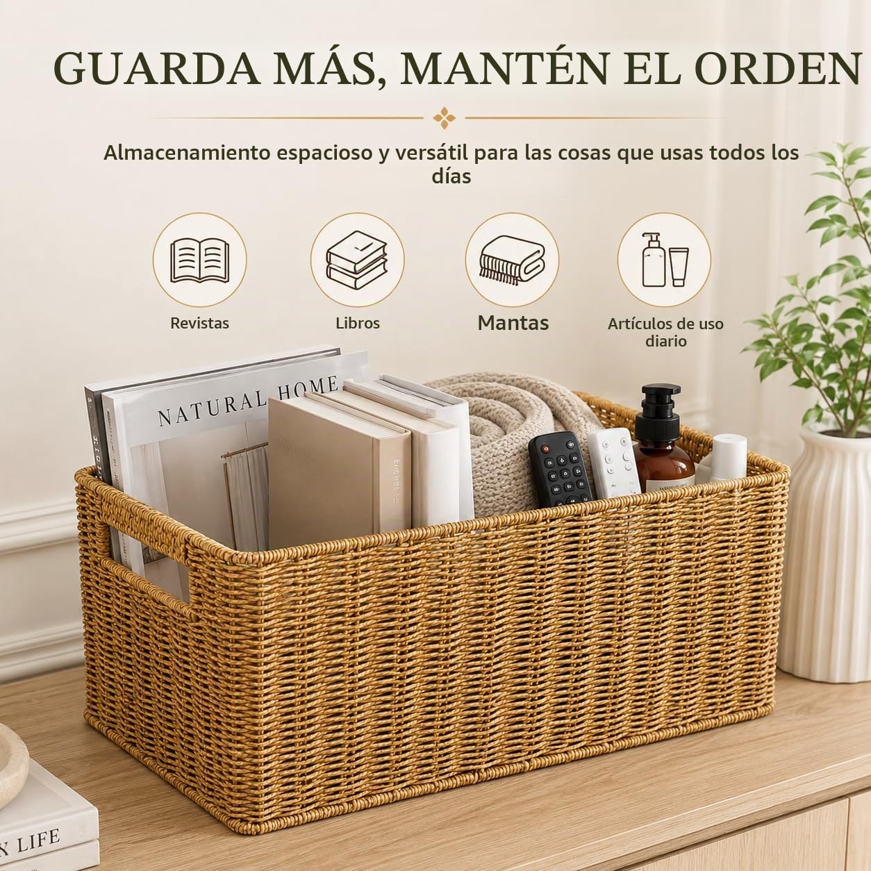 Healeved Cesta de almacenamiento tejida estilo ratán organizador de escritorio con asas huecas, cesta de almacenamiento de revistas, cesta para cosméticos, aperitivos y objetos pequeños, 14.96 x 10.24