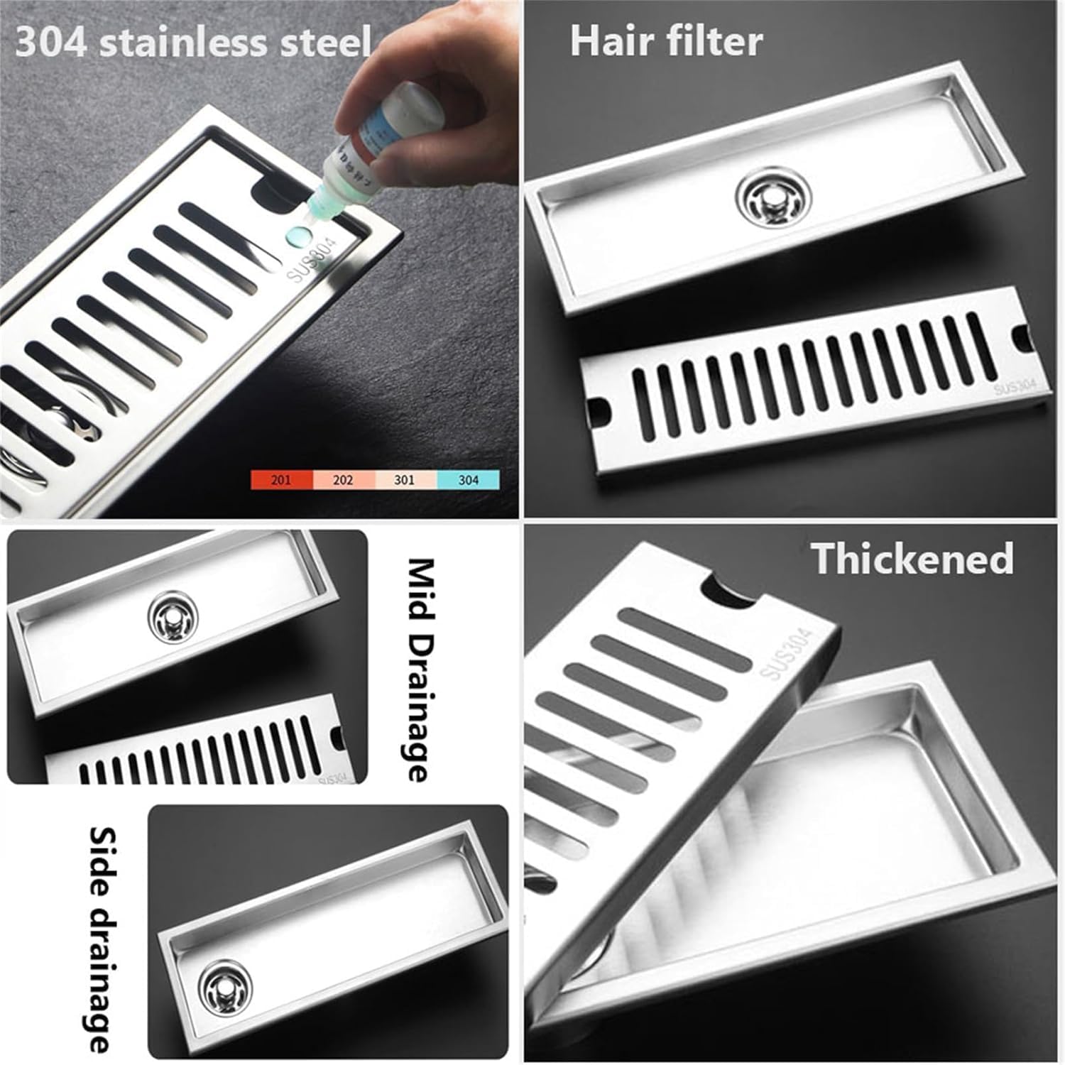 Desagüe Lineal De Acero Inoxidable para Ducha con Rejilla De Diseño De Ladrillo, Colador para Cabello, Desagüe Rectangular para Piso De Cocina Y Baño, Duradero Y Fácil Mid Drainage 60cm