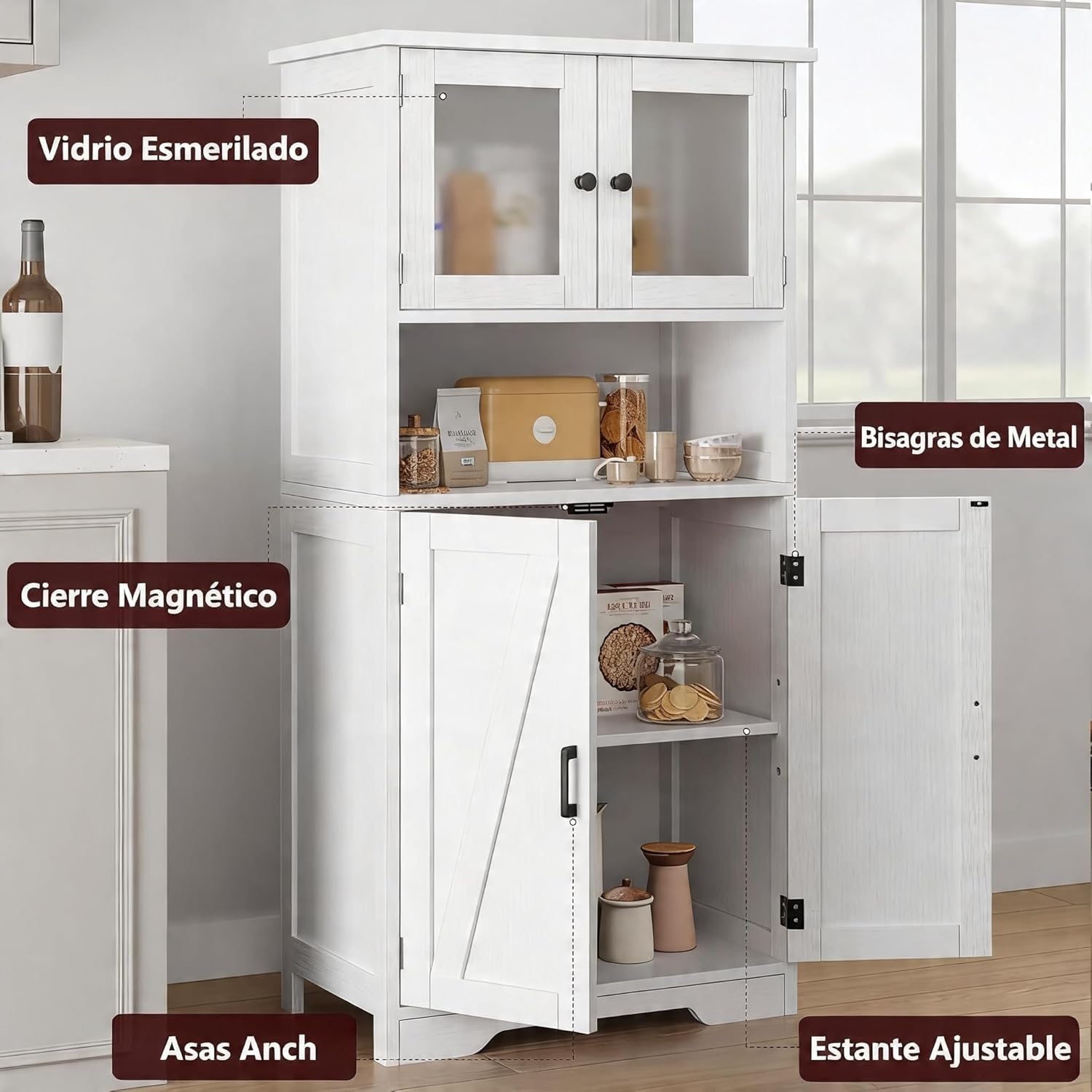 Zstar 50.4" Gabinete De Almacenamiento Grande De MDF con 4 Puertas y 1 Compartimento Abierto, 2 Puertas De Vidrio, Estantes Ajustables para Cocina, Dormitorio, Sala o Pasillos, Blanco.