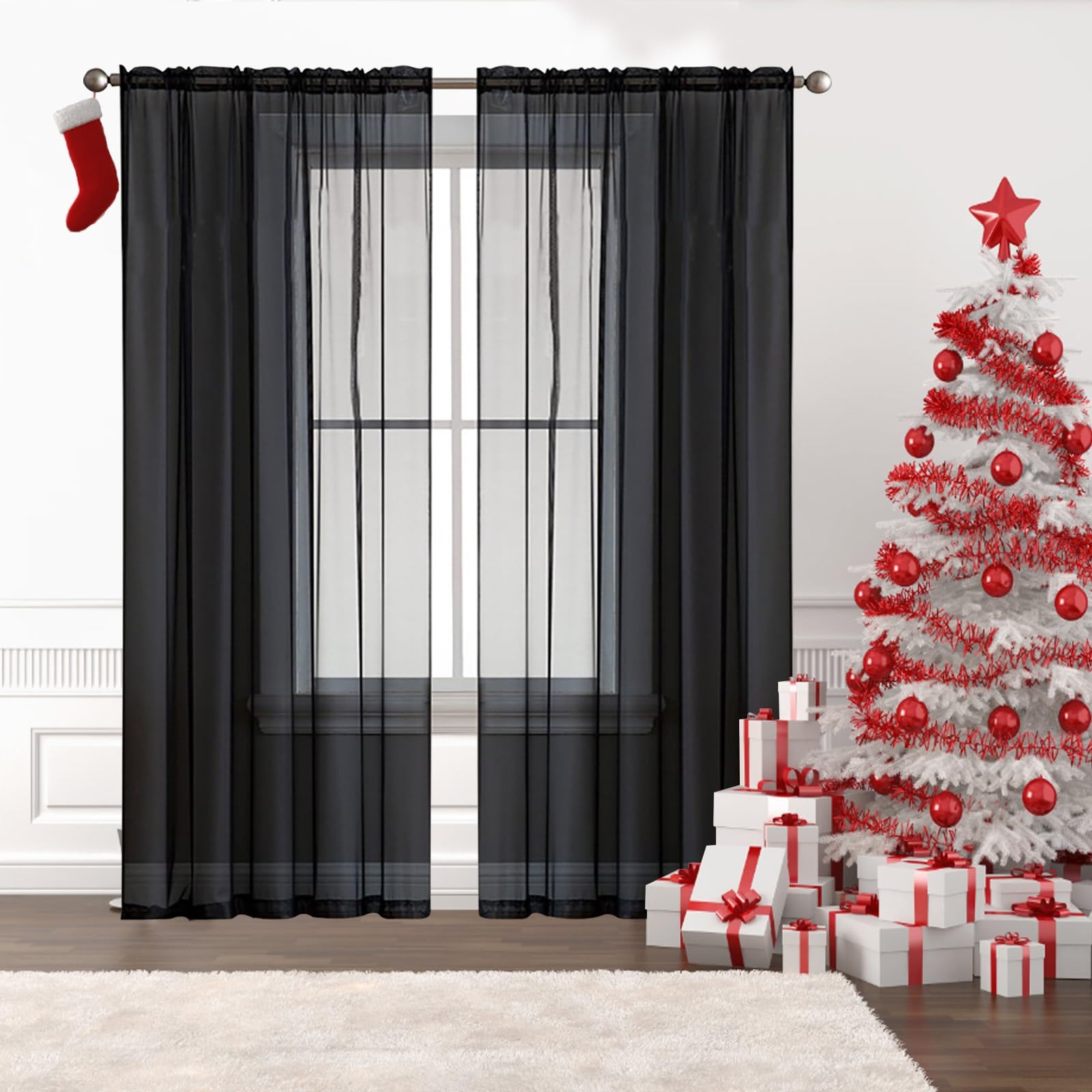 GAIFNAG Snow White Sheer Curtains 50 x 60 cm Insulated Energy Efficiency Eyelet Super Soft Readymade Curtains Thermal Curtain for Bedroom and Living Room, Black