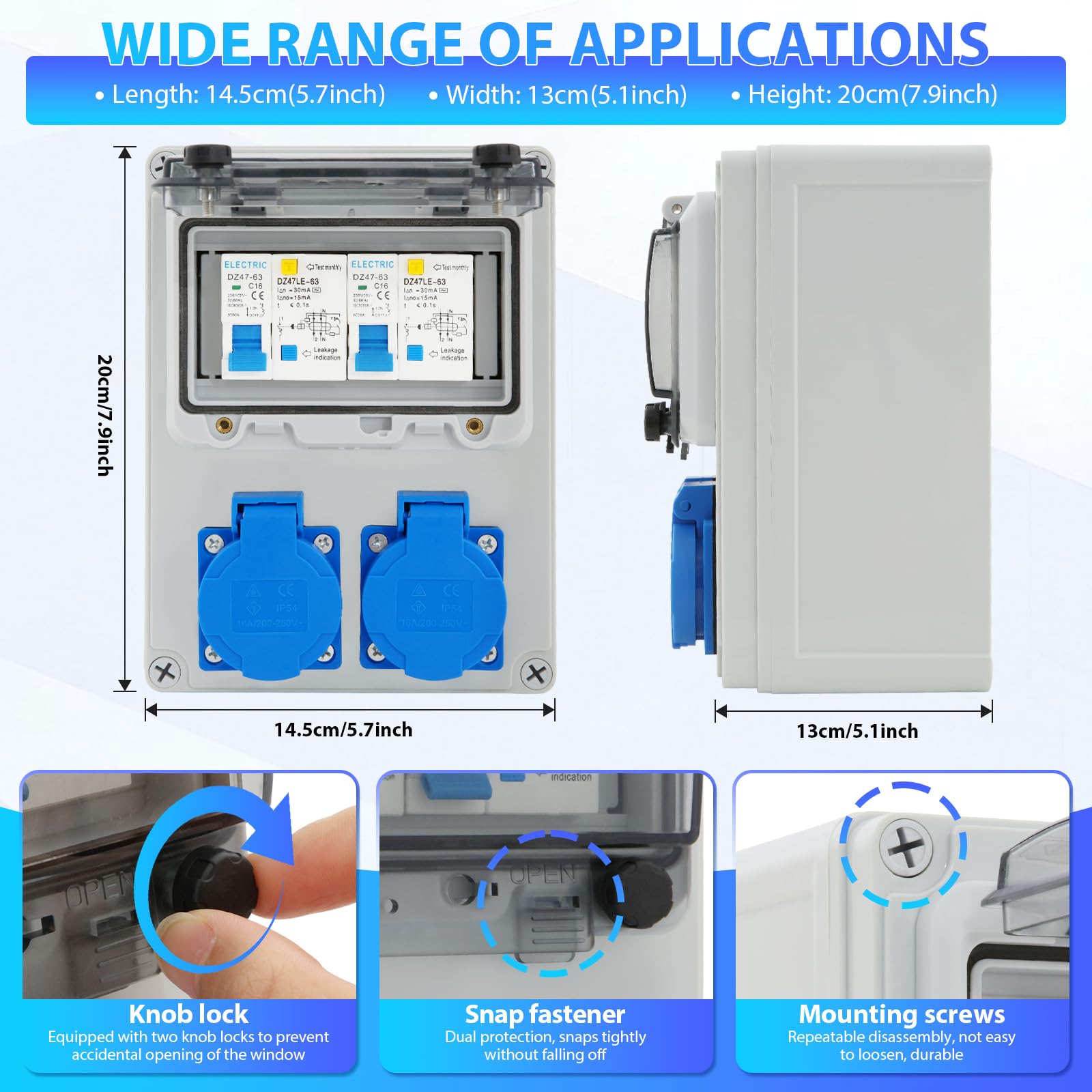 Distribuidor de Corriente 16A para Construcción, con Interruptor FI, IP67 Estanco, con 2 tomas de 230V, para Uso en Interiores y Exteriores, Talleres y Fábricas