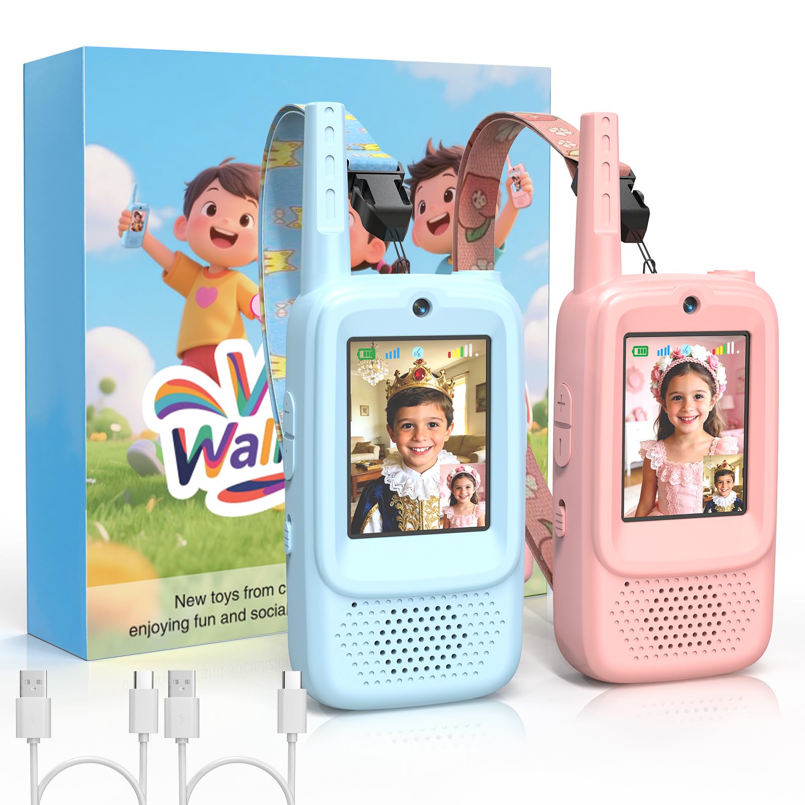 ZealSound Talkie Walkie Enfant Vidéo, Lot de 2 Rechargeables, 3 Effets Vocaux, Portée 200–300 m, Jouet Outdoor pour Filles et Garçons 3–12 Ans, Camping, Jardin, Cadeau Enfant, Q8 Bleu/Rose