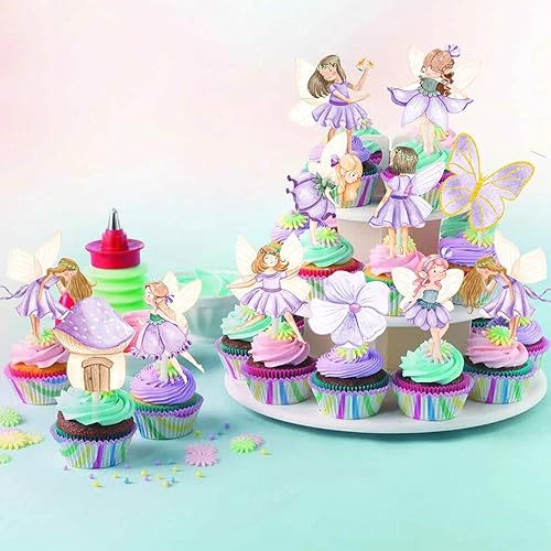 Miniatura 8 de Decoración para cupcakes para fiesta de hadas, hadas moradas, 24 piezas de decoración de fiesta de jardín de hadas, decoración de fiesta de