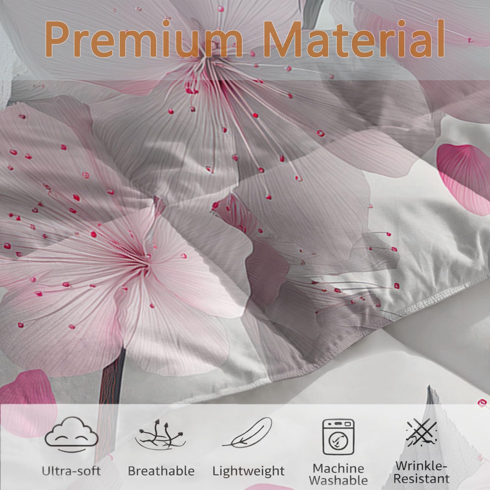 King - Set copripiumino lavabile con 2 federe, 4,5 Tog, grigio e rosa, per tutte le stagioni, leggero, caldo, motivo piante 3D, motivo fiori e foglie, 200 x 220 cm