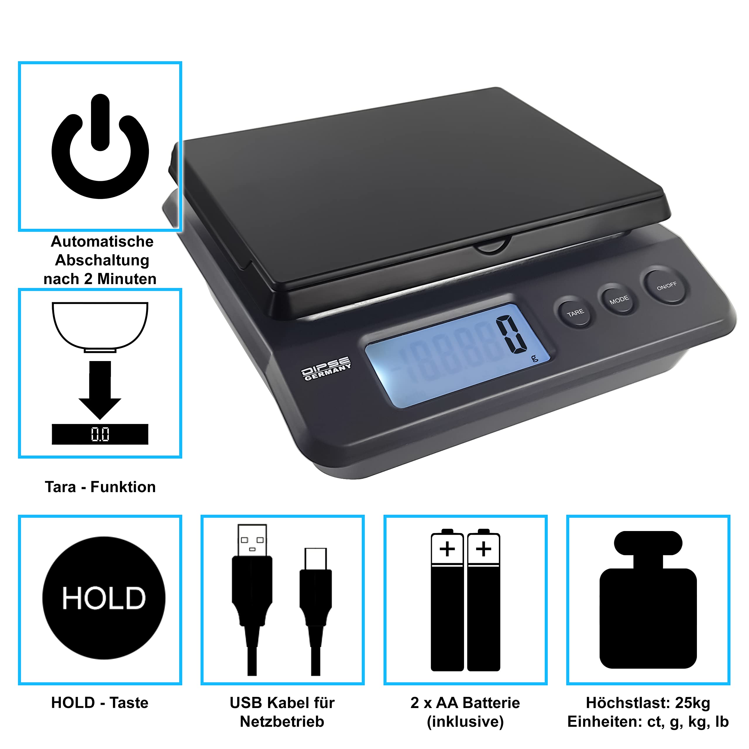 DIPSE Pèse-colis numérique 7005 - Avec bloc d'alimentation ou batterie - Graduation 2 g/1 g/0,5 g