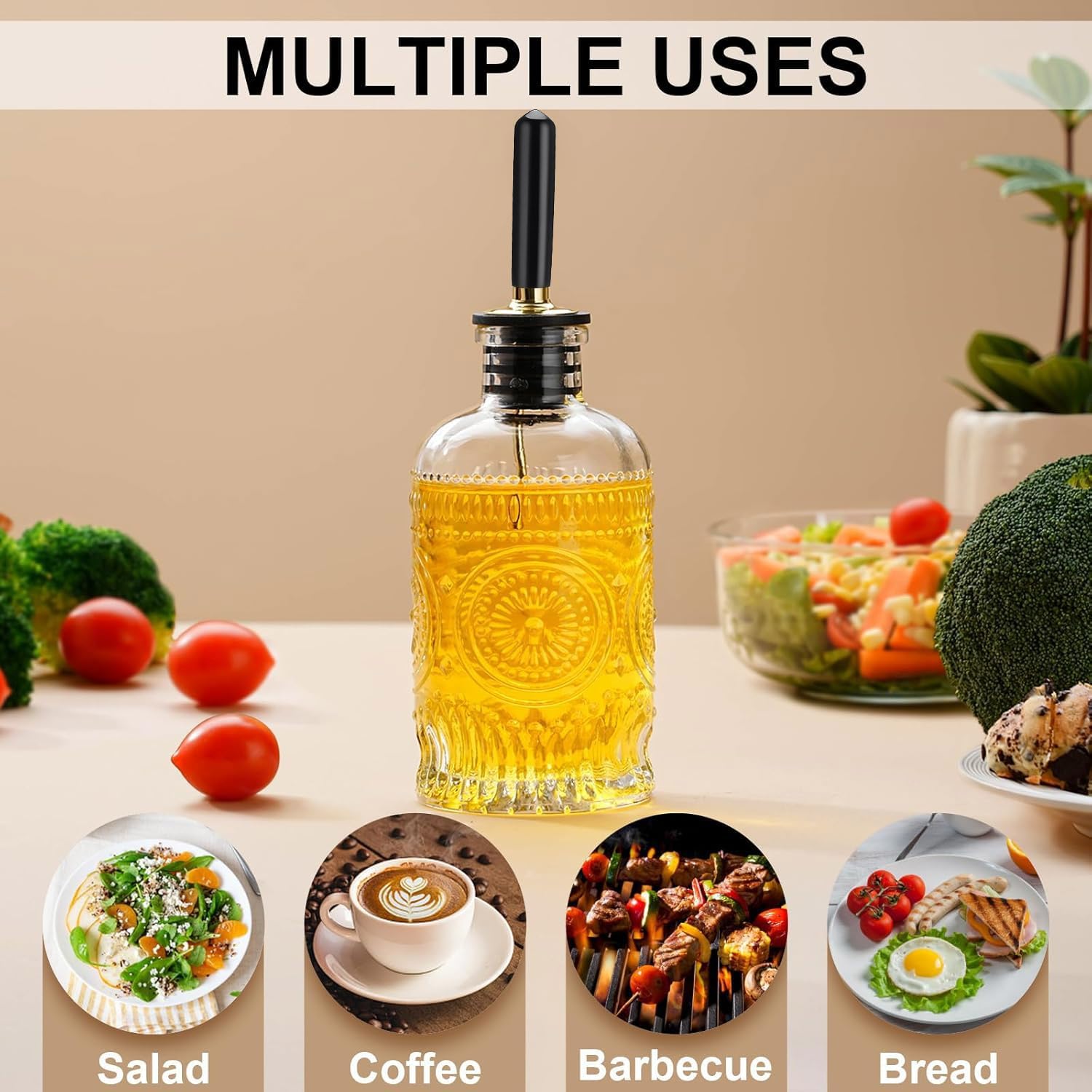 gegewawa Butelka z dozownikiem oliwy z oliwek do kuchni z metalową wylewką, dozownik syropu kawowego, 200 ml, elegancki szklany dozownik oleju kuchennego do kuchni