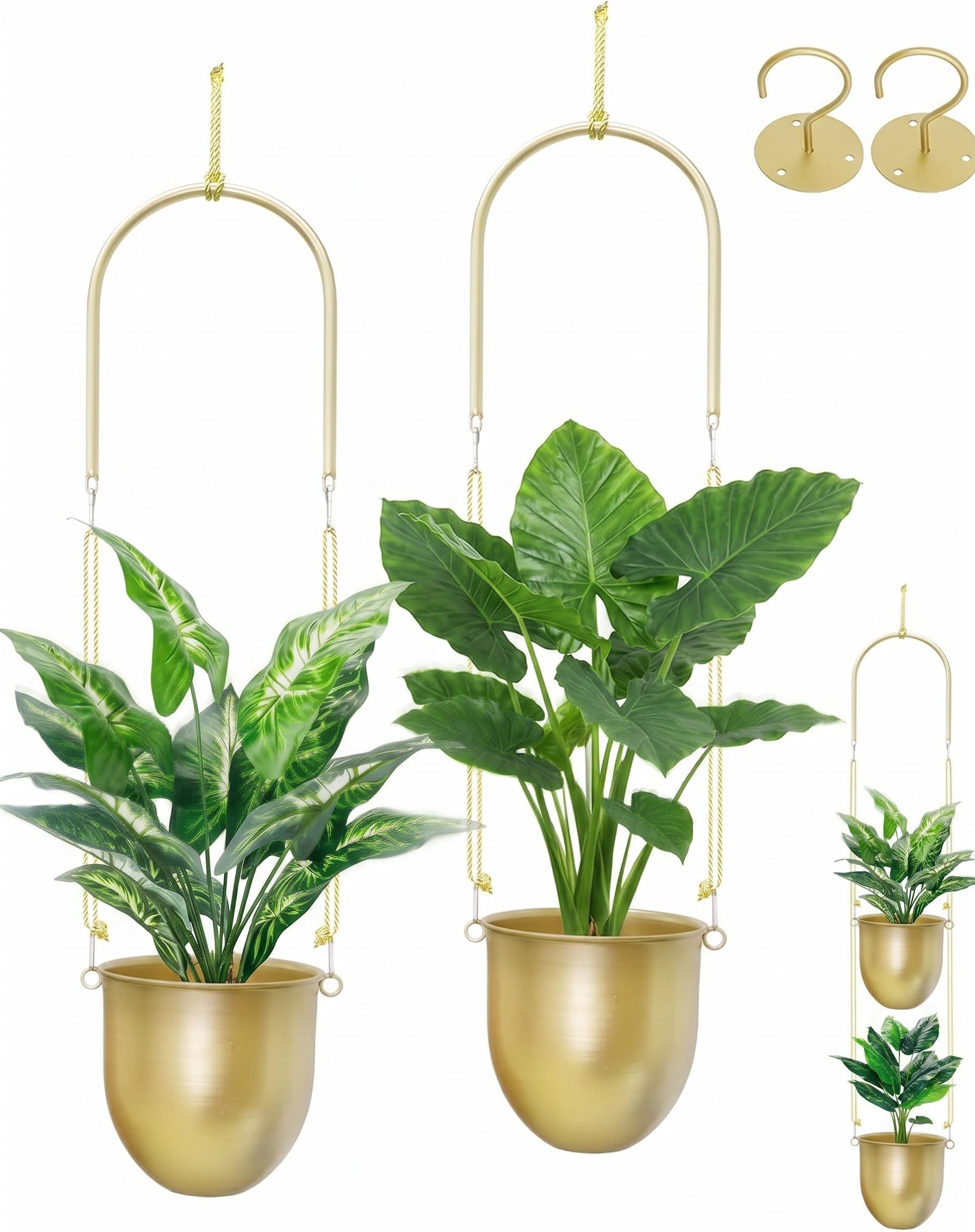 AceList Lot de 2 pots de fleurs suspendus dorés à suspendre de 14 cm pour plantes d'intérieur, maison, balcon, jardin et terrasse – Jardinières à suspendre avec corde de chanvre
