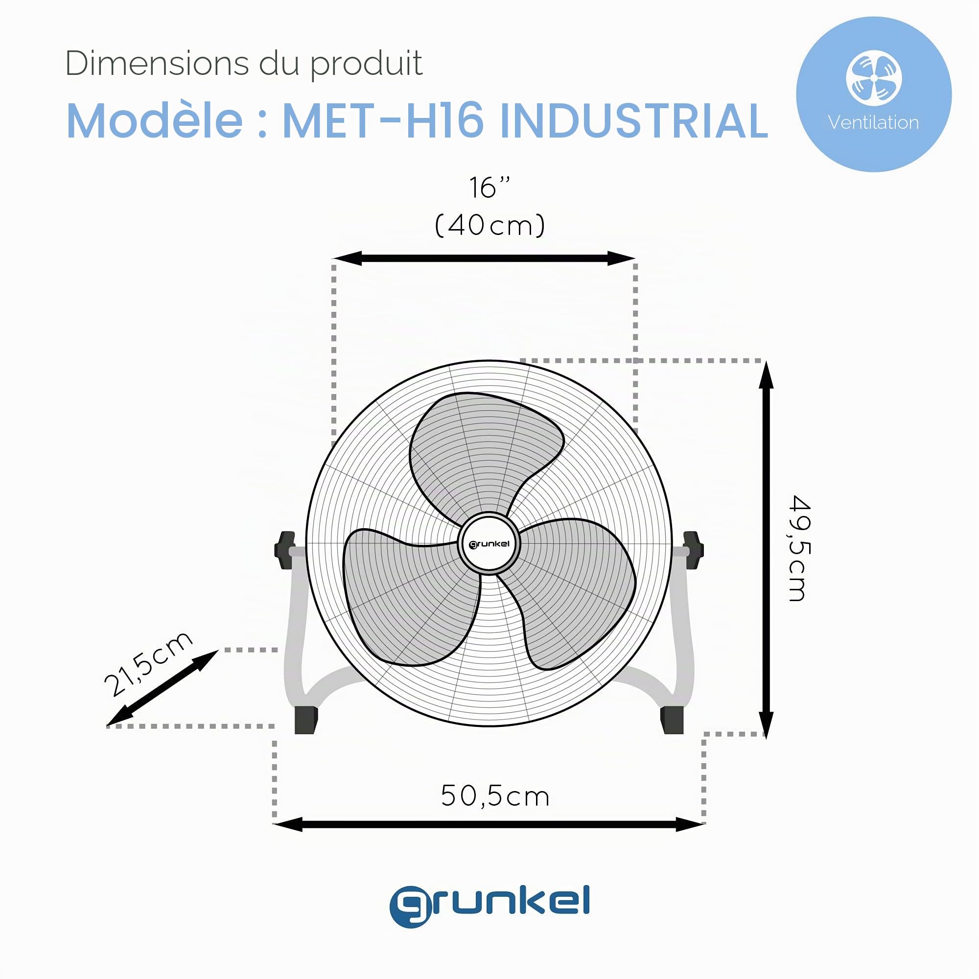 Grunkel - Ventilateur industriel de sol de 100 W et 45 cm de diamètre - MET-H18 industriel - Avec 3 vitesses différentes et angle d'inclinaison réglable