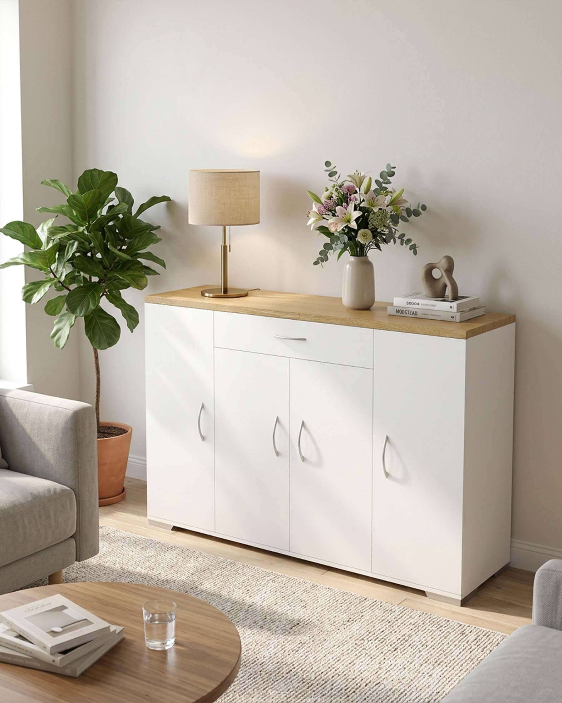 Comò Soggiorno Bianco 110 x 30 x 70 cm Comò Camera da Letto Mobile Soggiorno con 4 Ante e 1 Cassetto Credenza Bassa Mobile Contenitore per Ingresso Cucina