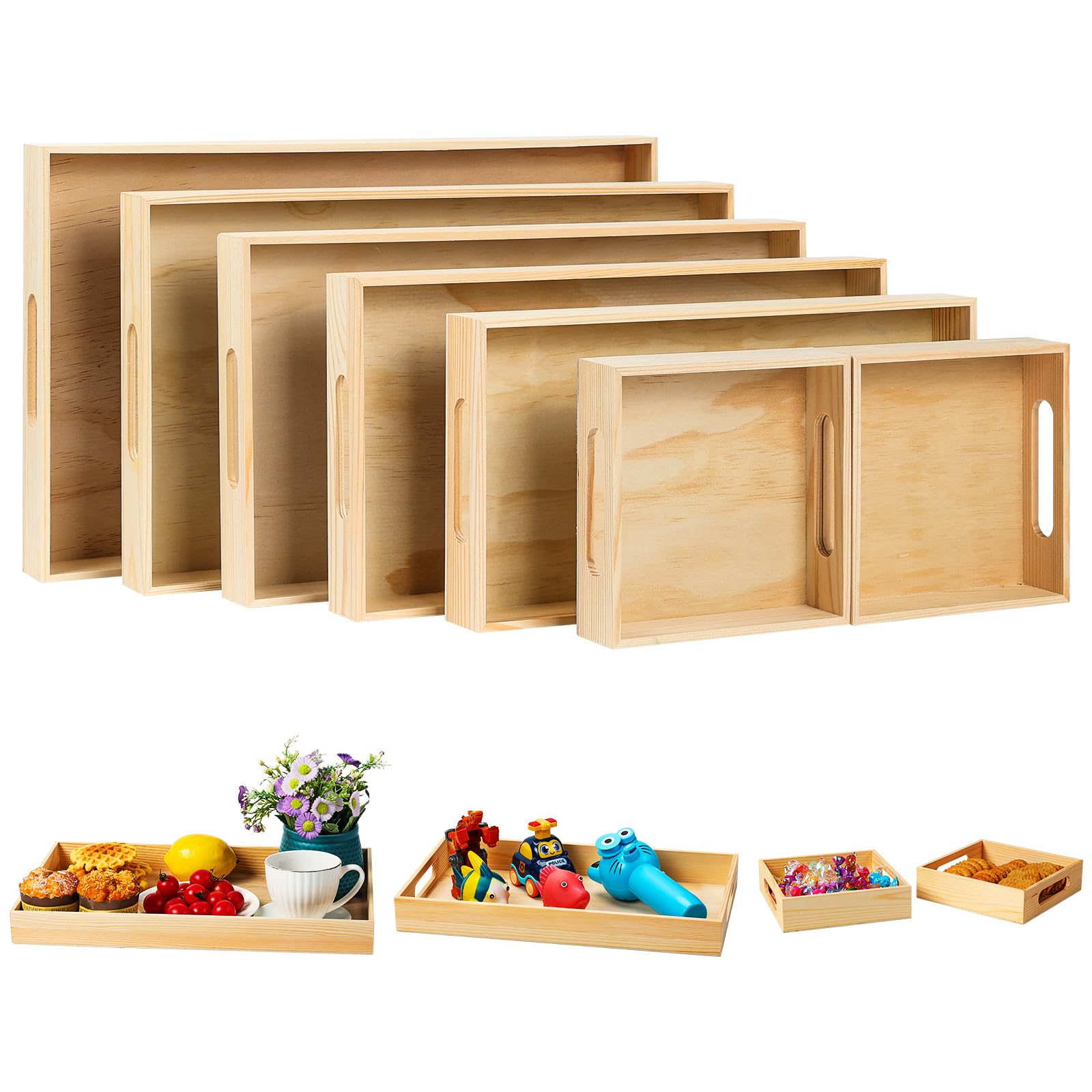 Stormshopping Brown Wooden Serving Trays For Breakfast - 7 Pieces Unfinished Wood Food Serving Trays With Handle For Craft Kids Montessori, Wooden Platters For Tea Coffee Drinks Lunch Dinner Snacks