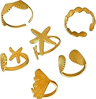 6PCS Gold Seashell Rings for Women - Adjustable Beachy Ocean Shell Wave Starfish Stackable Jewelry Set, Summer Vacation Gifts