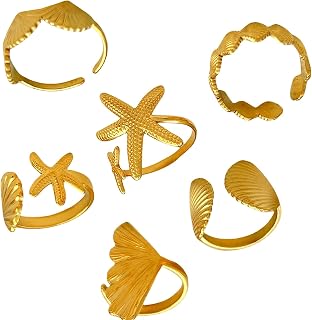 6PCS Gold Seashell Rings for Women - Adjustable Beachy Ocean Shell Wave Starfish Stackable Jewelry Set, Summer Vacation Gifts