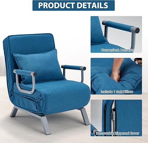 Miniatura 4 de Haddockway Sofá cama para una sola persona sillón convertible con cojín y respaldo ajustable de 5 posiciones cama perezosa tapizada reclinable para