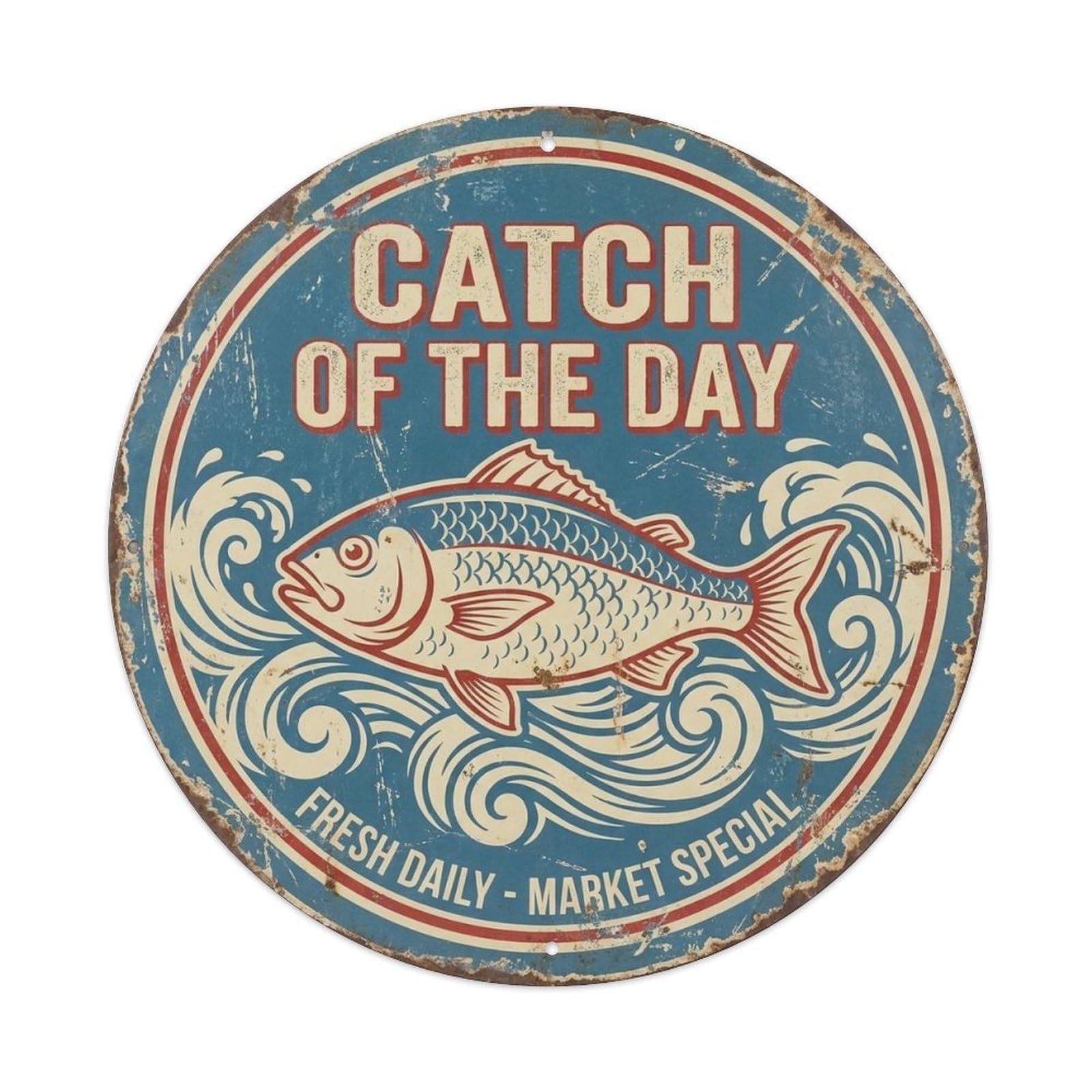 Catch Of The Day Fishing Quote Angler Tackle Outdoor Label Metal Tin Sign Plaque Wall Decor for Cafe, Man Cave, Club Bar, Office, Home Garden Round Metal Poster 8x8Inch