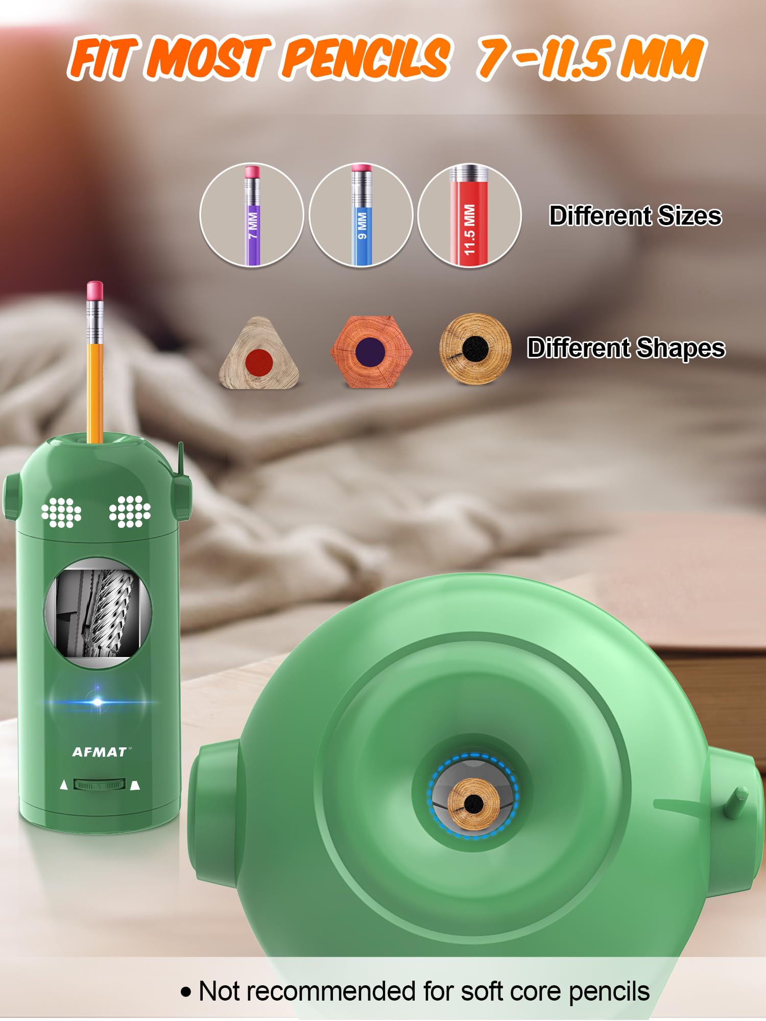 AFMAT Temperamatite elettrico completamente automatico, temperamatite robot per matite da 7 a 11,5 mm, temperamatite ricaricabile, mani libere, temperamatite a batteria per casa, ufficio,